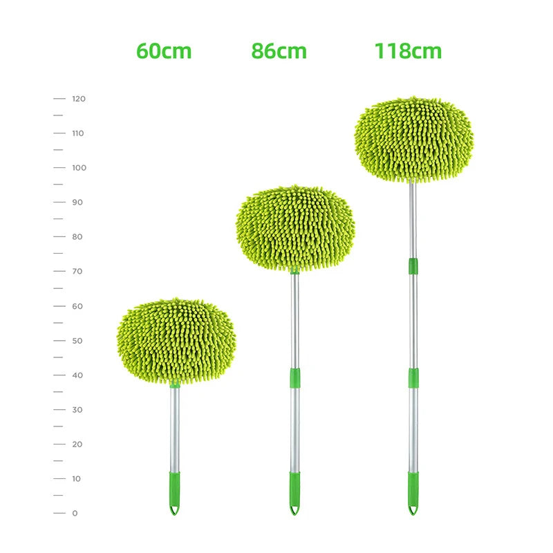 Three green microfiber cleaning brushes of different lengths with measurement labels on a white background.