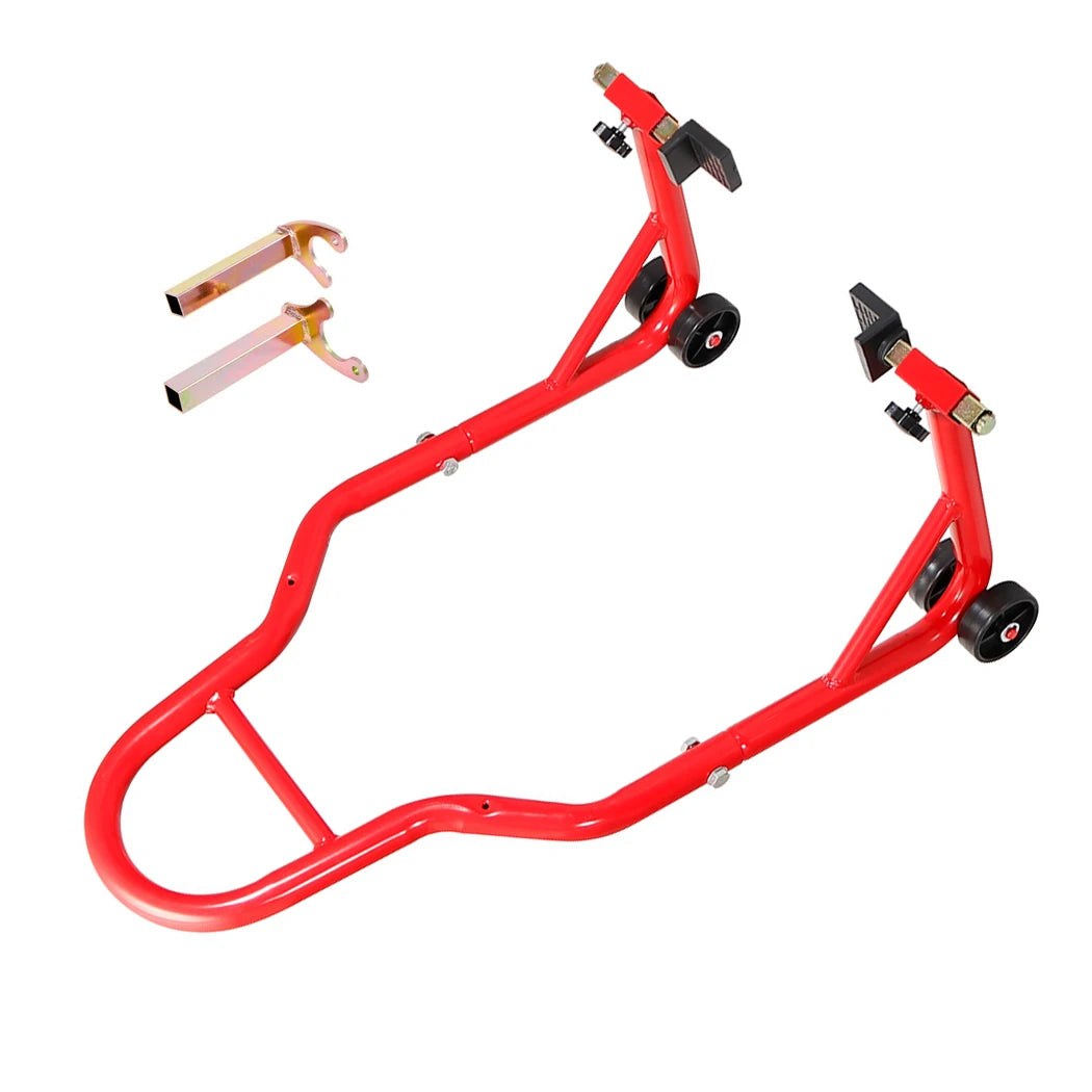 Heavy-Duty Paddock Stand in red with rear wheel forks and fitting adapters on a white background