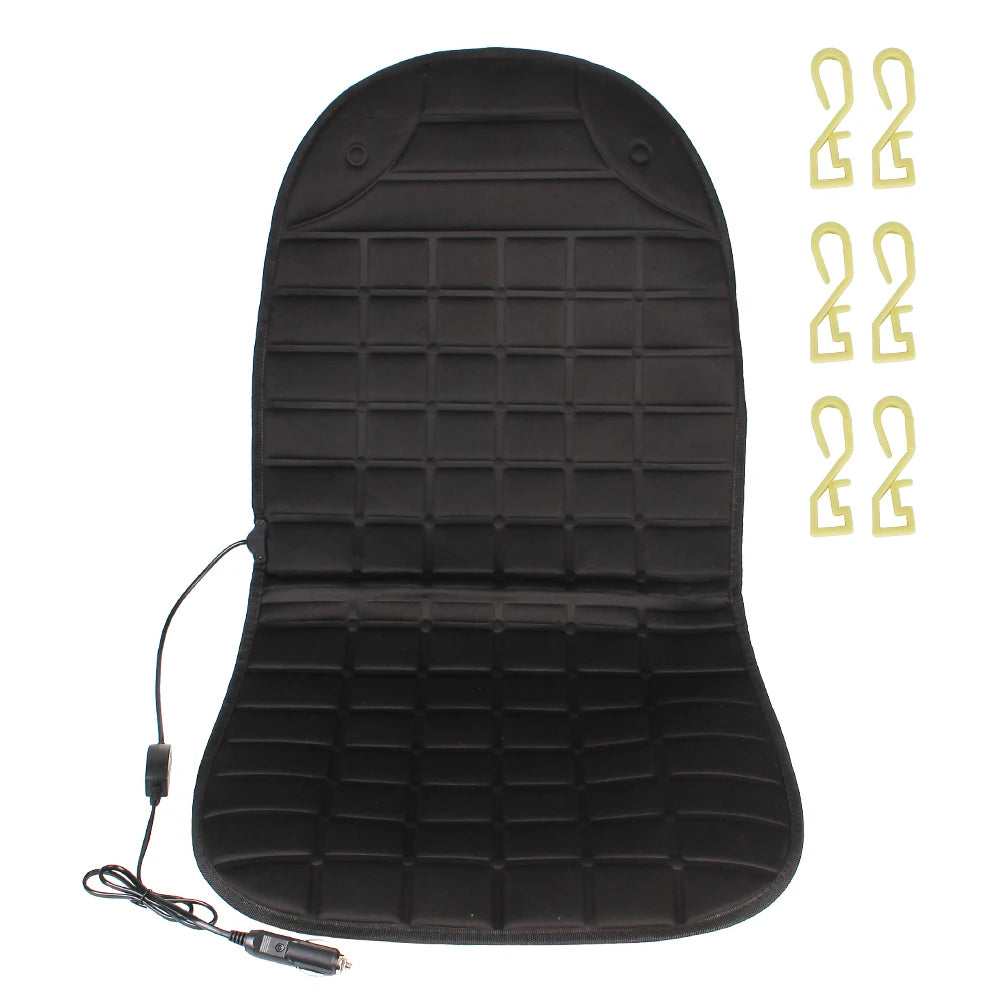 12V heated car seat cushion with cigarette lighter plug and mounting hooks on a white background