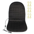 12V heated car seat cushion with cigarette lighter plug and mounting hooks on a white background