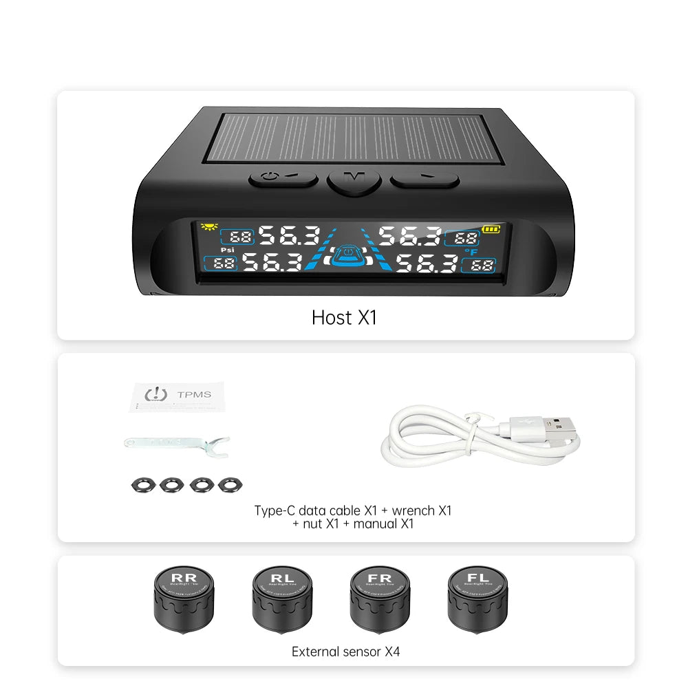 Solar tyre pressure monitor package contents: display unit, four sensors, USB-C cable, wrench, nuts and manual