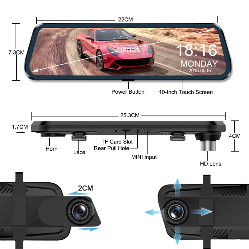 Streaming Mirror Dash Cam dimension diagram showing 22cm screen width, 25.3cm mirror length and labelled parts including power button, TF card slot and HD lens