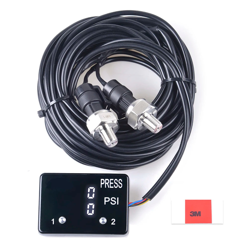 Dual Digital Pressure Gauge kit with white LED display, two stainless steel pressure sensors, coiled wiring and 3M adhesive pad