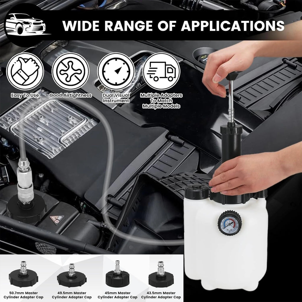 Vacuum Brake Bleeder hand pump in use on a car engine bay with adapter caps for multiple vehicle applications shown below