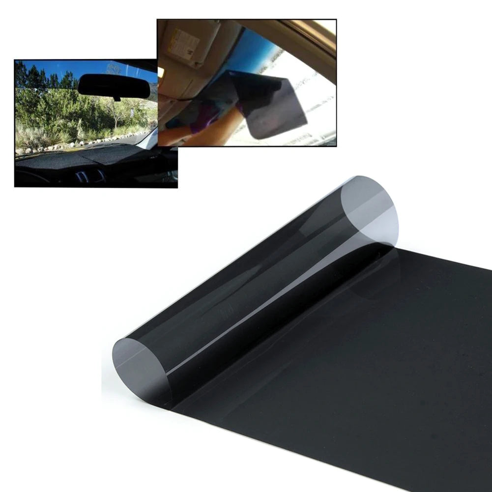 Windscreen Sun Visor Strip tinted film roll with insets showing the strip applied along the top of a car windscreen