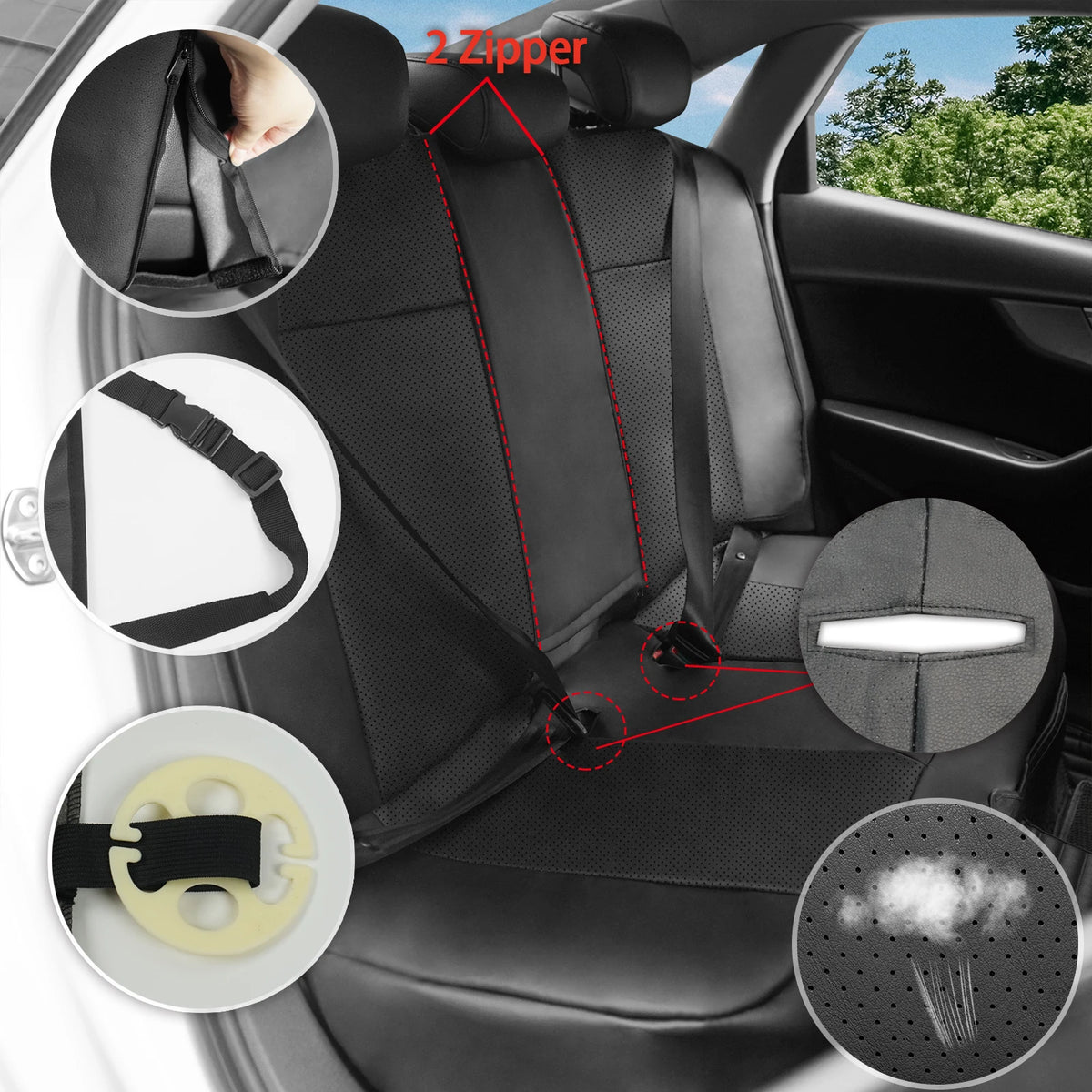 Faux Leather Seat Cover Set fitted on a rear bench seat with zipper split, straps, buckle hooks and breathable perforated surface