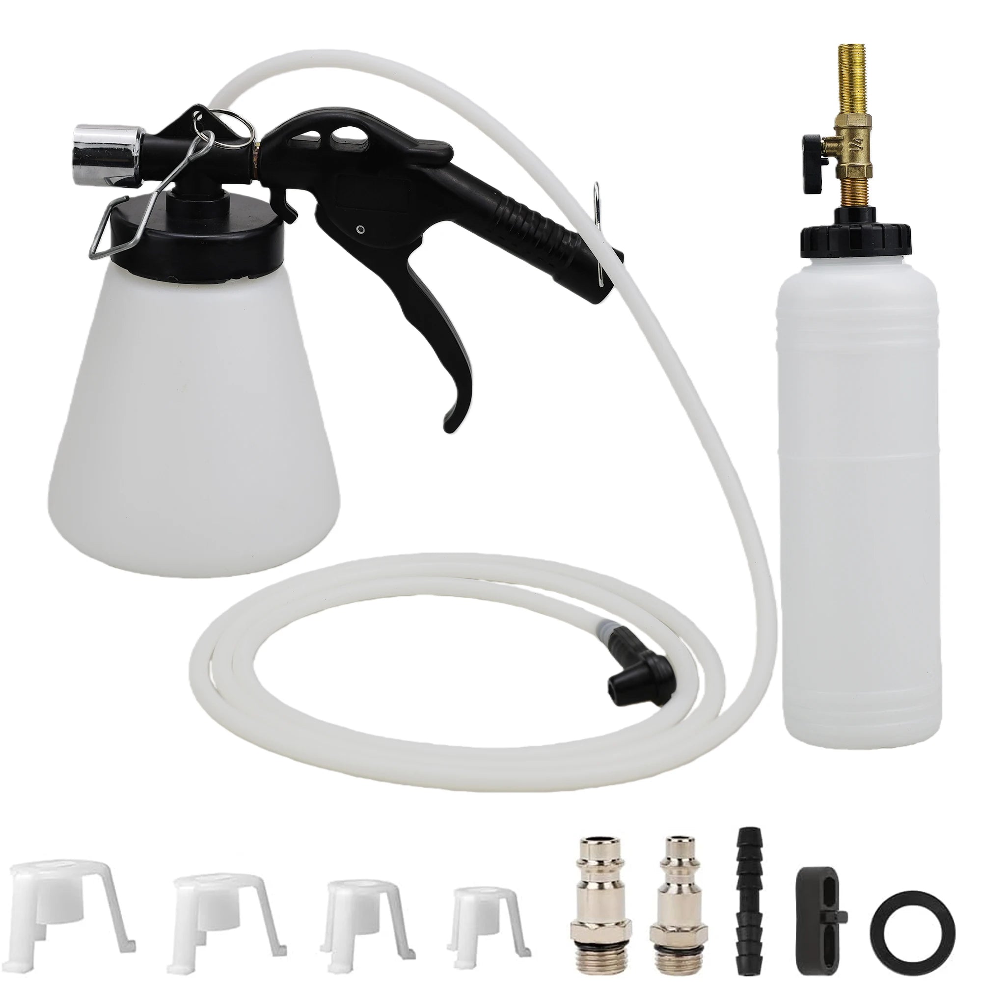 Vacuum Brake Bleeder tester gun with catch bottle, hose, oil refill bottle and quick-connect fittings laid out on a white background