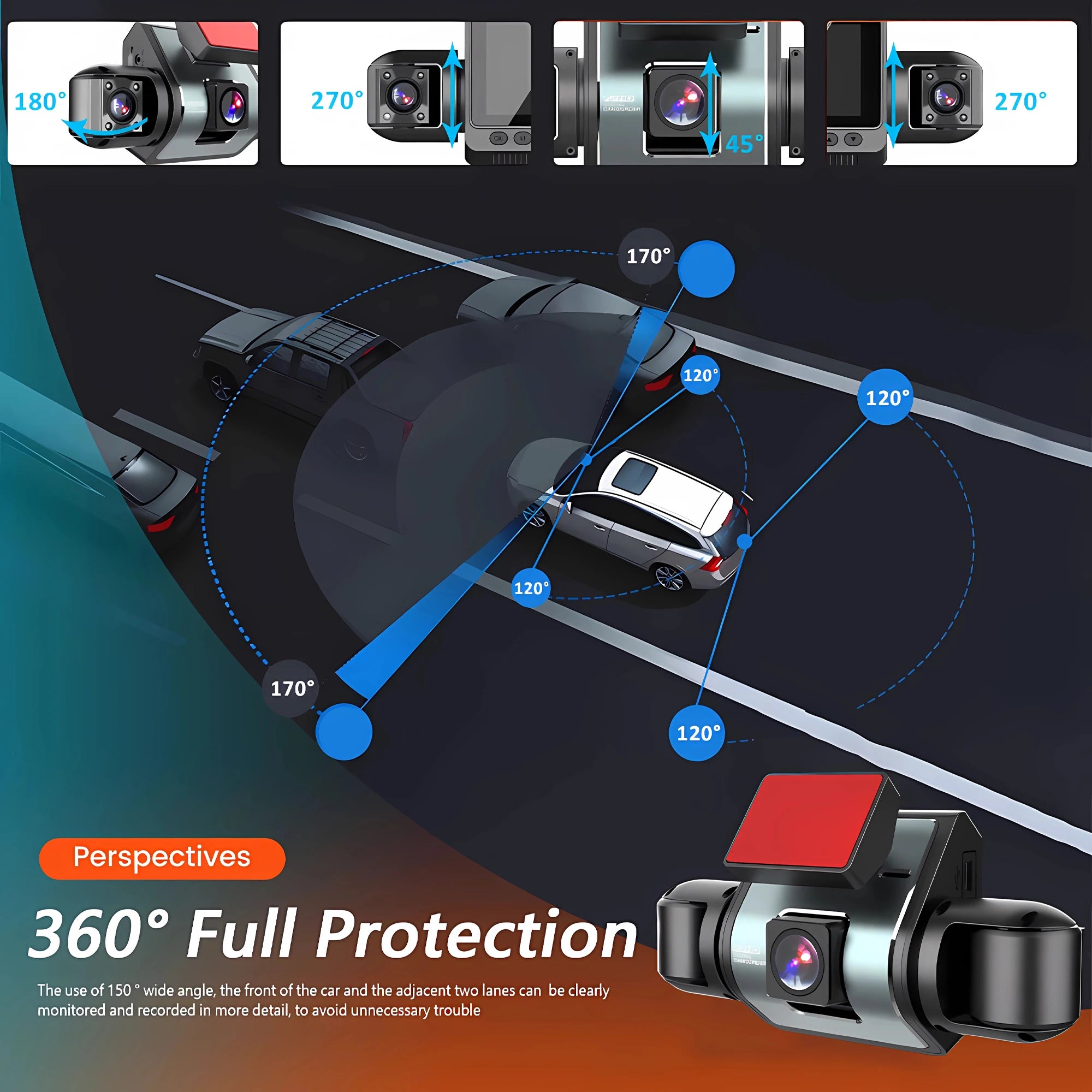 4-Channel WiFi Dash Cam reverse display screenshot on blue background