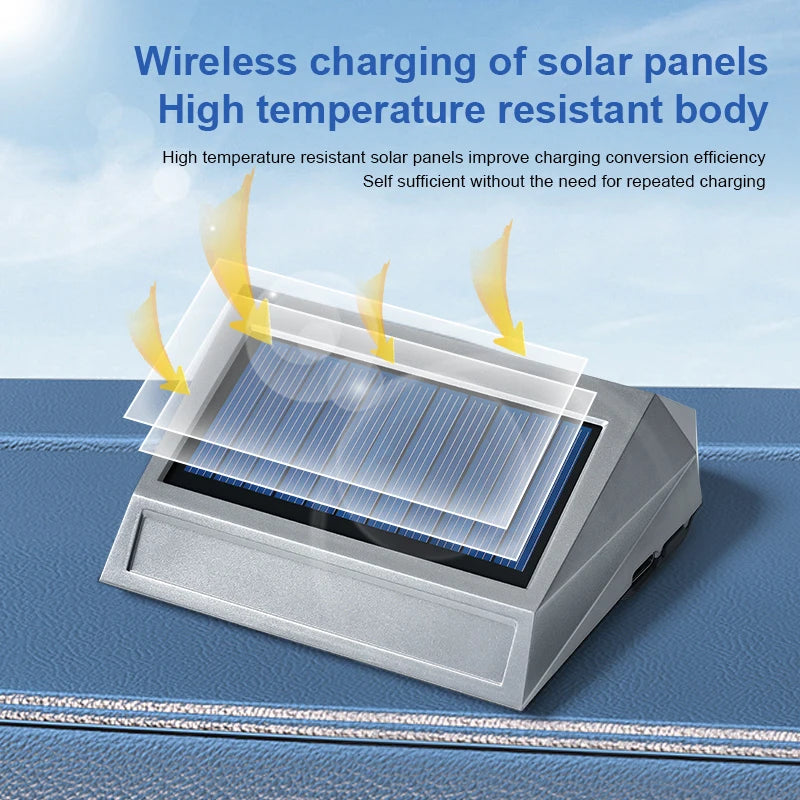 Solar car air purifier on a dashboard with arrows showing wireless solar panel charging