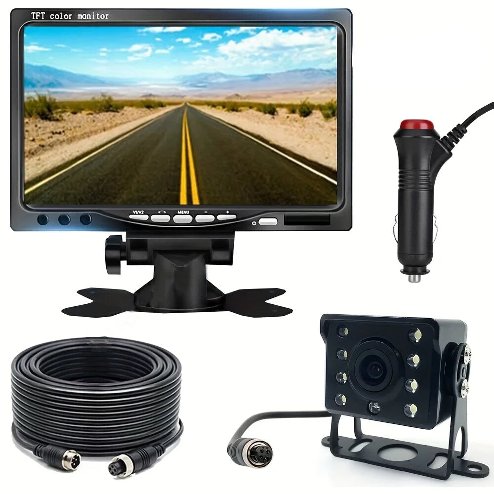 Heavy-Duty Reversing Camera Kit with 7 inch monitor, night vision LED camera, extension cable and 12V cigarette lighter plug