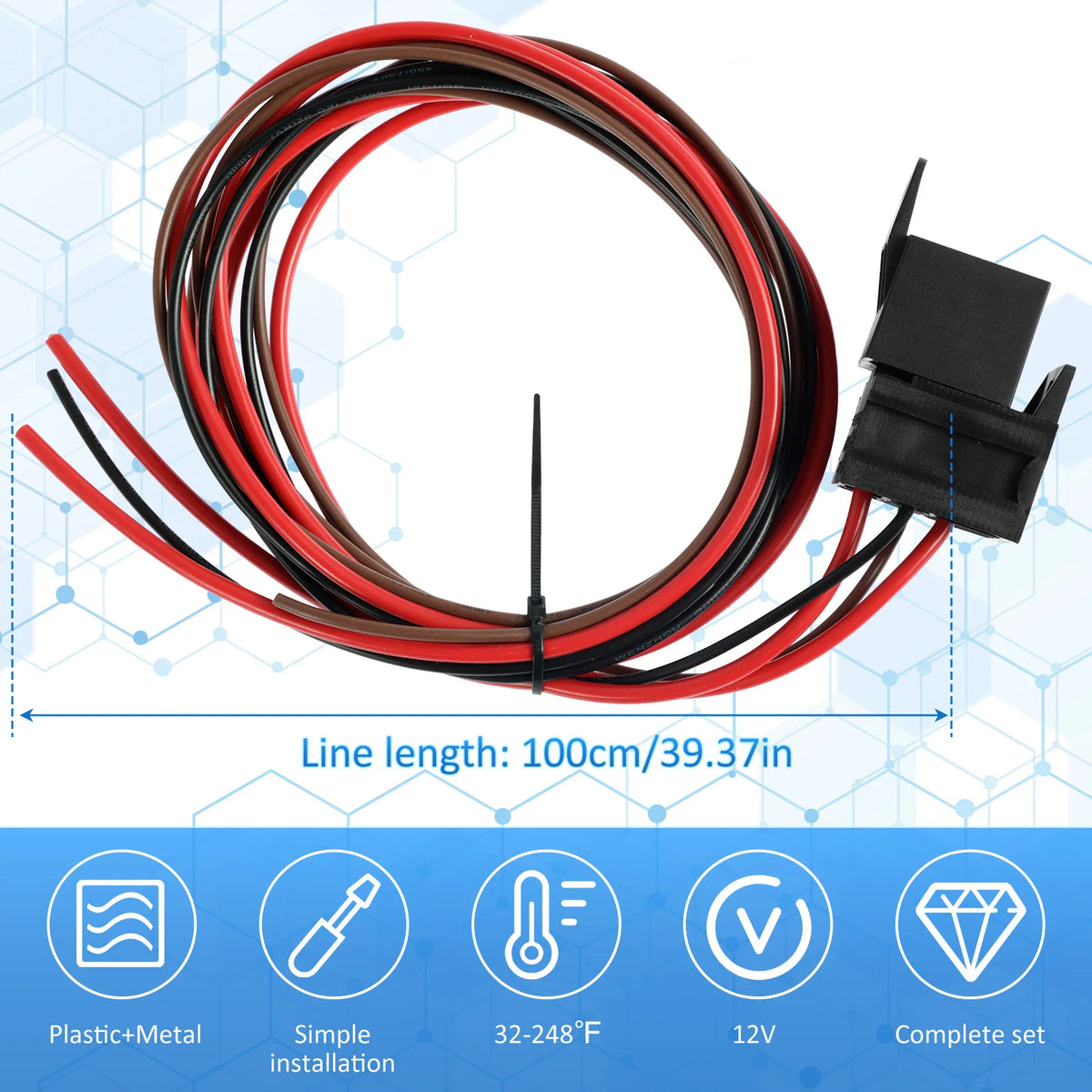 Adjustable Radiator Fan Controller red and black wiring harness with 100 cm cable length and 12V specification icons