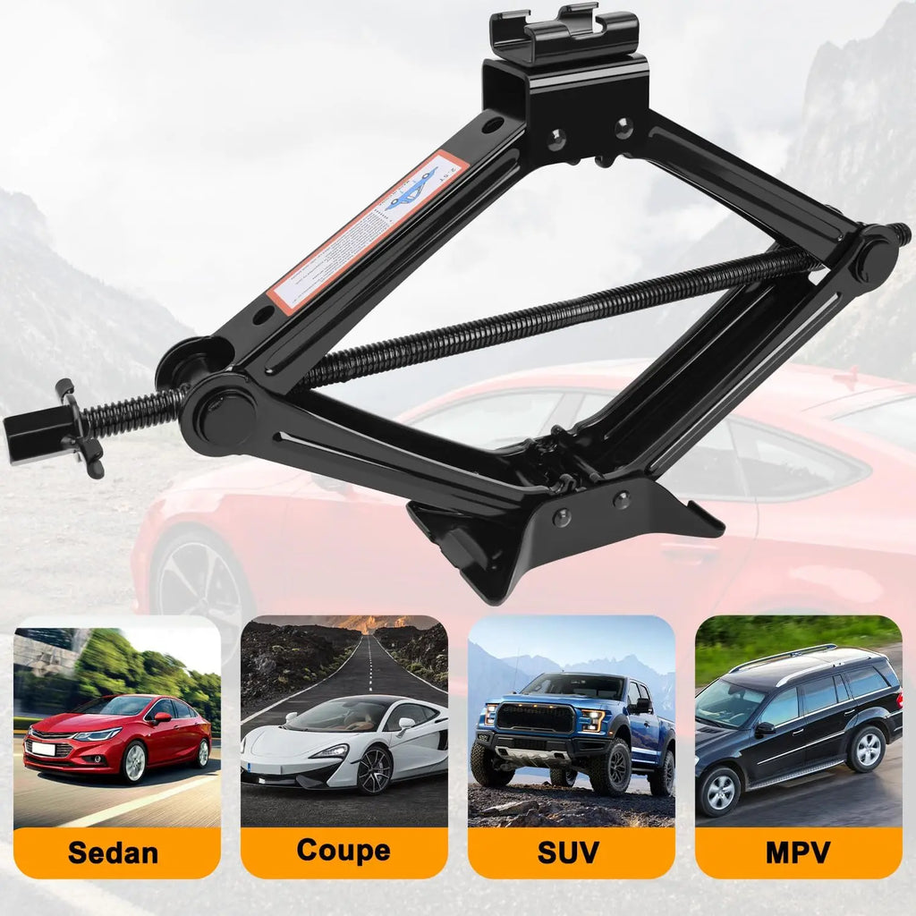 2.5 Ton Scissor Jack shown compatible with sedan, coupe, SUV and MPV vehicles