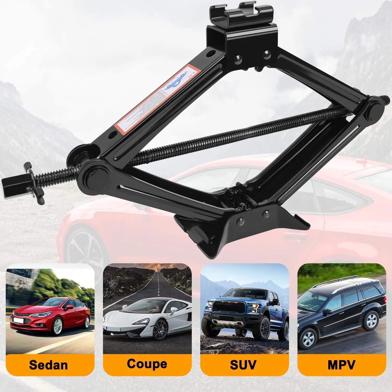 2.5 Ton Scissor Jack shown compatible with sedan, coupe, SUV and MPV vehicles