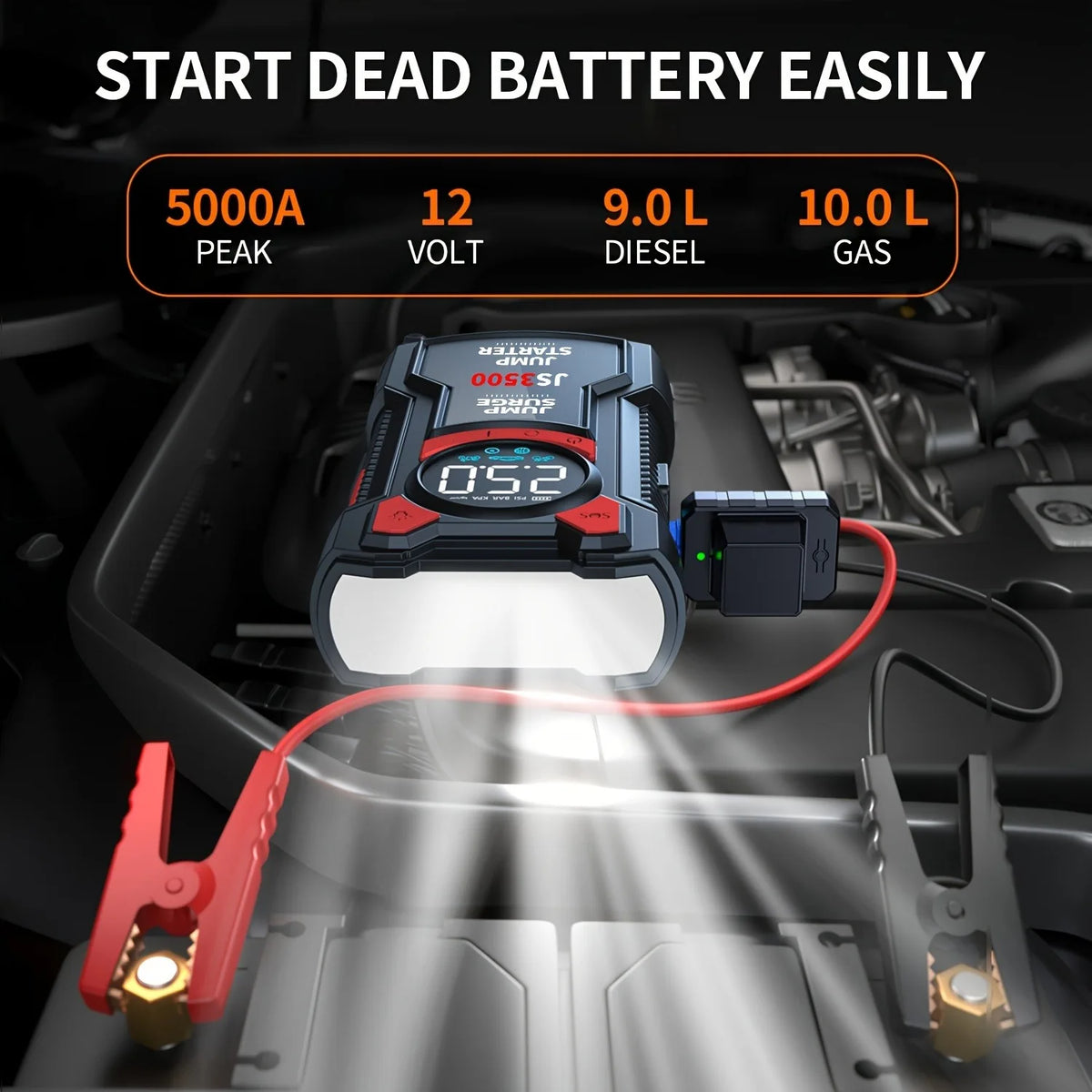 Pro Jump Starter Compressor connected to a car battery with LED work light on, for 12V petrol and diesel engines