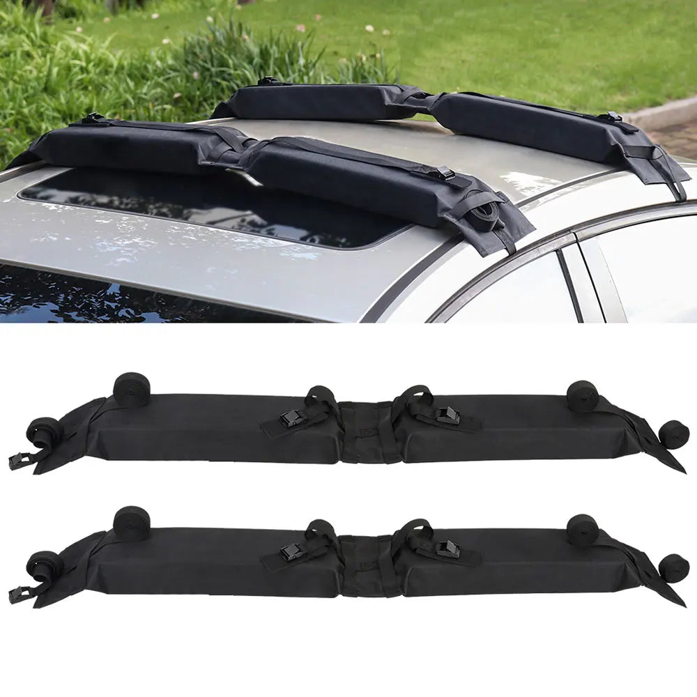 Soft Roof Rack Pads installed on a car roof outdoors, shown alongside a studio product shot of the pads