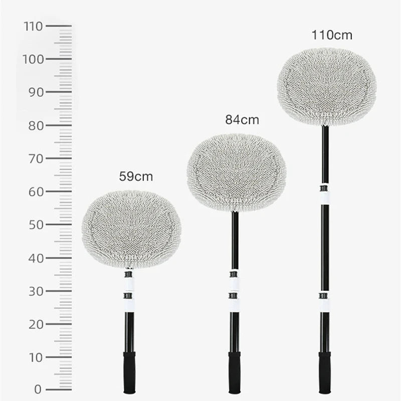 Heavy-Duty Telescopic Car Wash Mop size comparison chart showing 59cm, 84cm and 110cm extended handle lengths