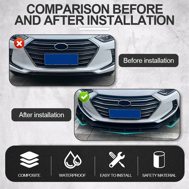 Before and after comparison of a white sedan's front bumper showing the gloss black lip kit installed for a sportier finished look