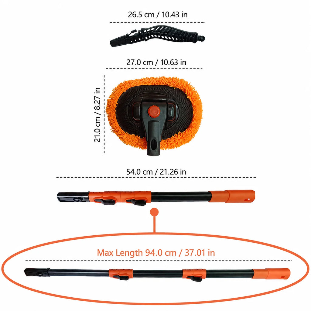 Size diagram of the Hose-Fed Telescopic Wash Mop showing hose connector, brush head and pole dimensions up to 94cm maximum length