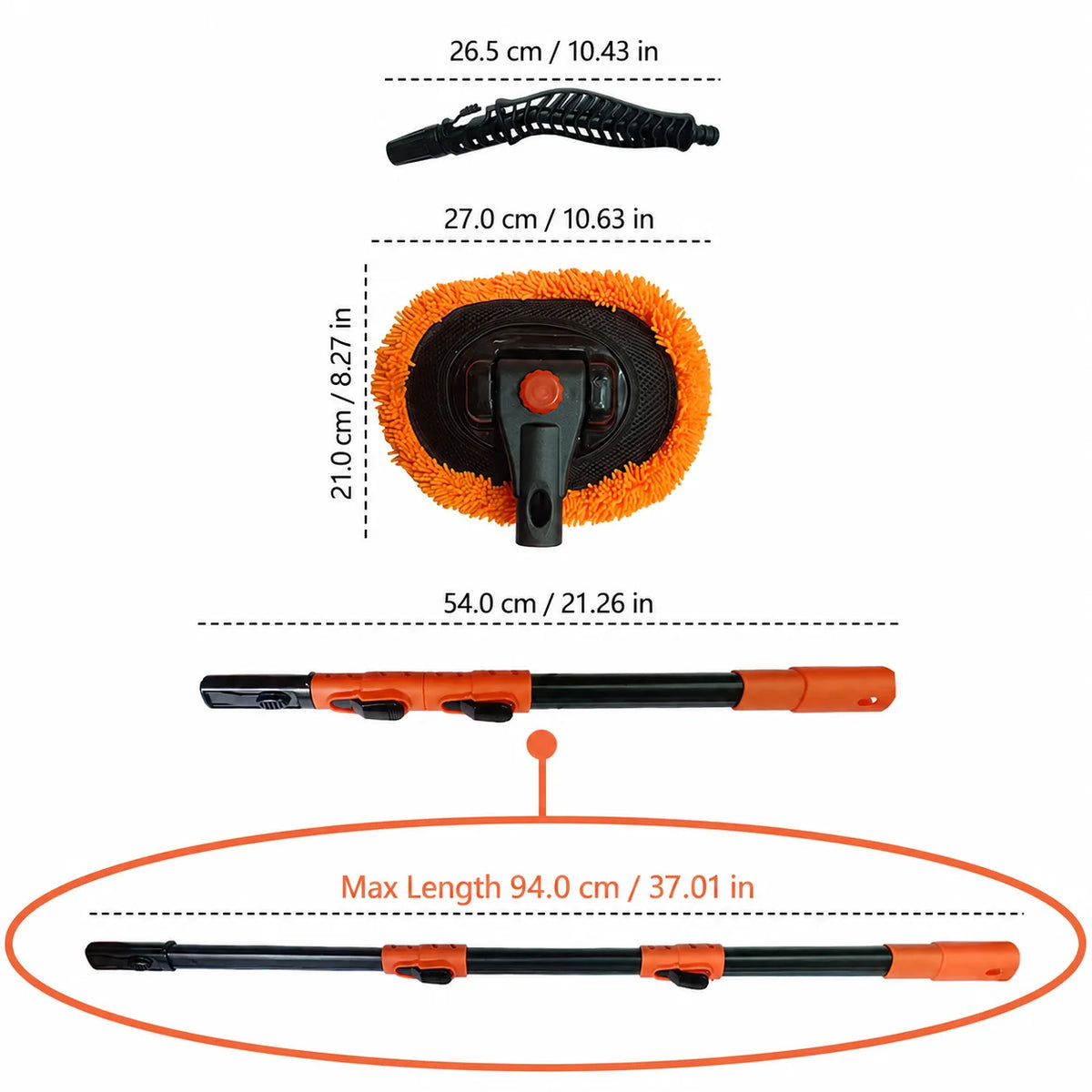 Size diagram of the Hose-Fed Telescopic Wash Mop showing hose connector, brush head and pole dimensions up to 94cm maximum length