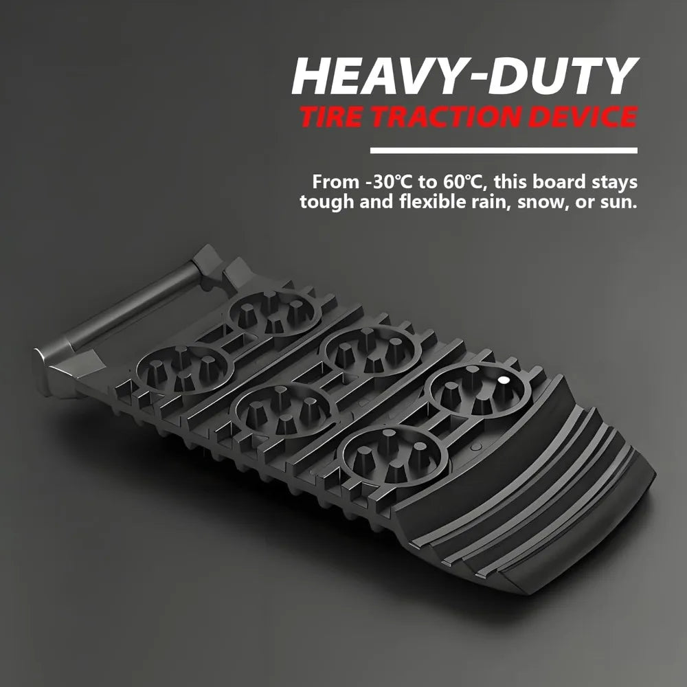 Compact Tyre Traction Mat on a dark background with text stating it stays tough and flexible from -30°C to 60°C