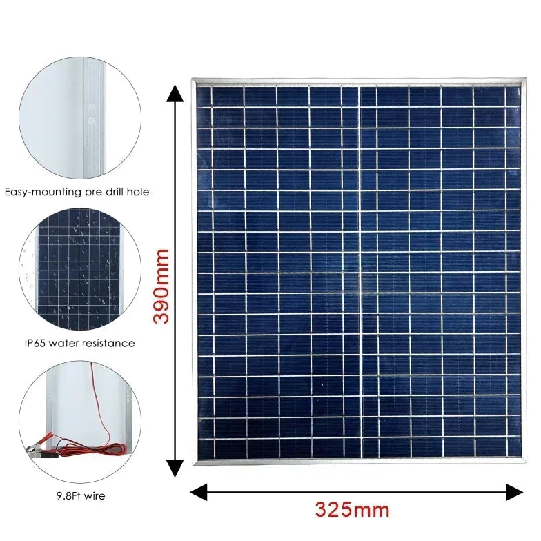 Solar panel dimension schematic showing 390mm by 325mm size, mounting holes, IP65 water resistance and 9.8ft wire