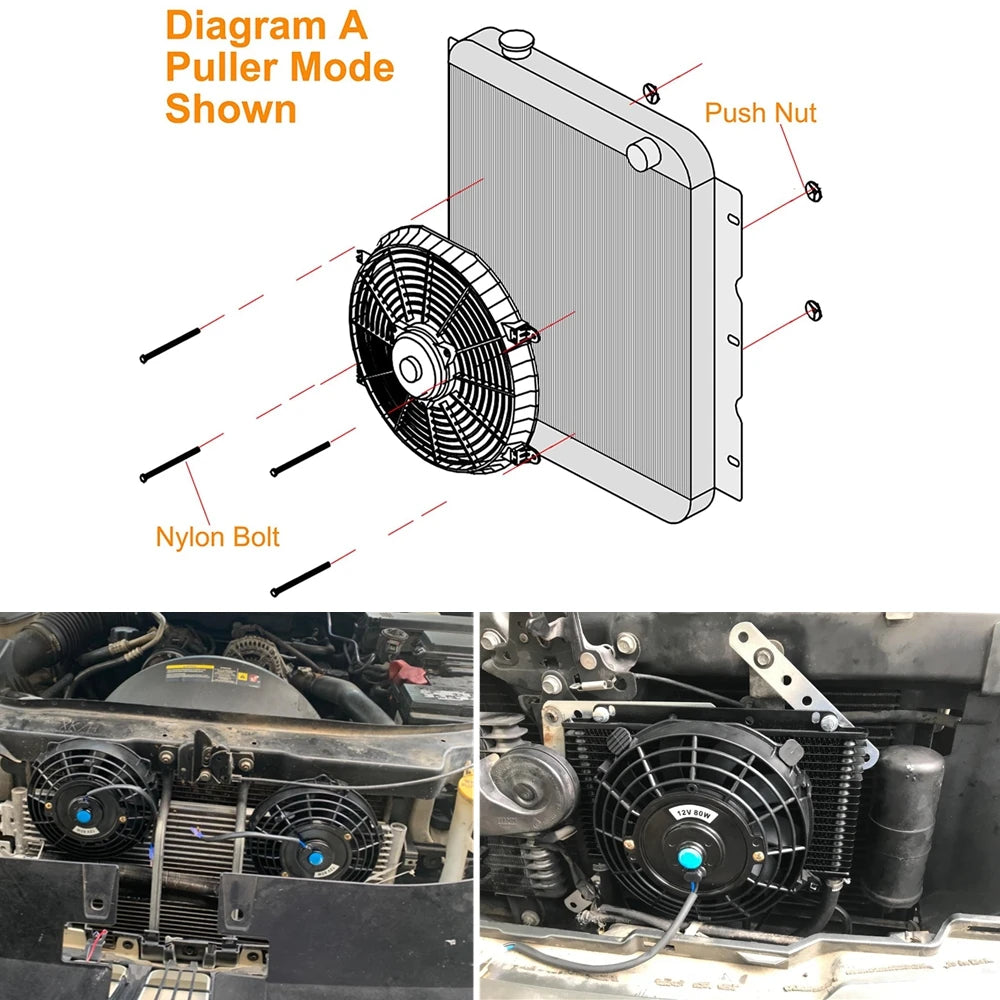 Universal Radiator Cooling Fan puller mode installation diagram with nylon bolts and push nuts, plus real engine bay mounting examples