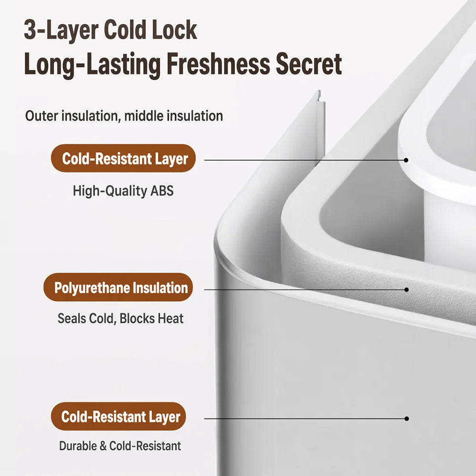 Cutaway of the Portable 4L Mini Fridge wall showing ABS outer shell, polyurethane insulation and inner cold-resistant liner
