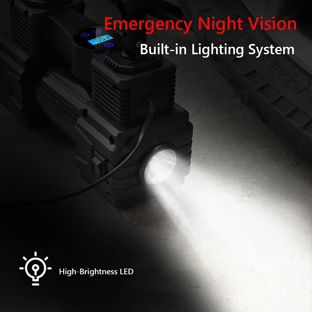 Twin-Cylinder Digital Air Compressor built-in LED light illuminating the ground at night