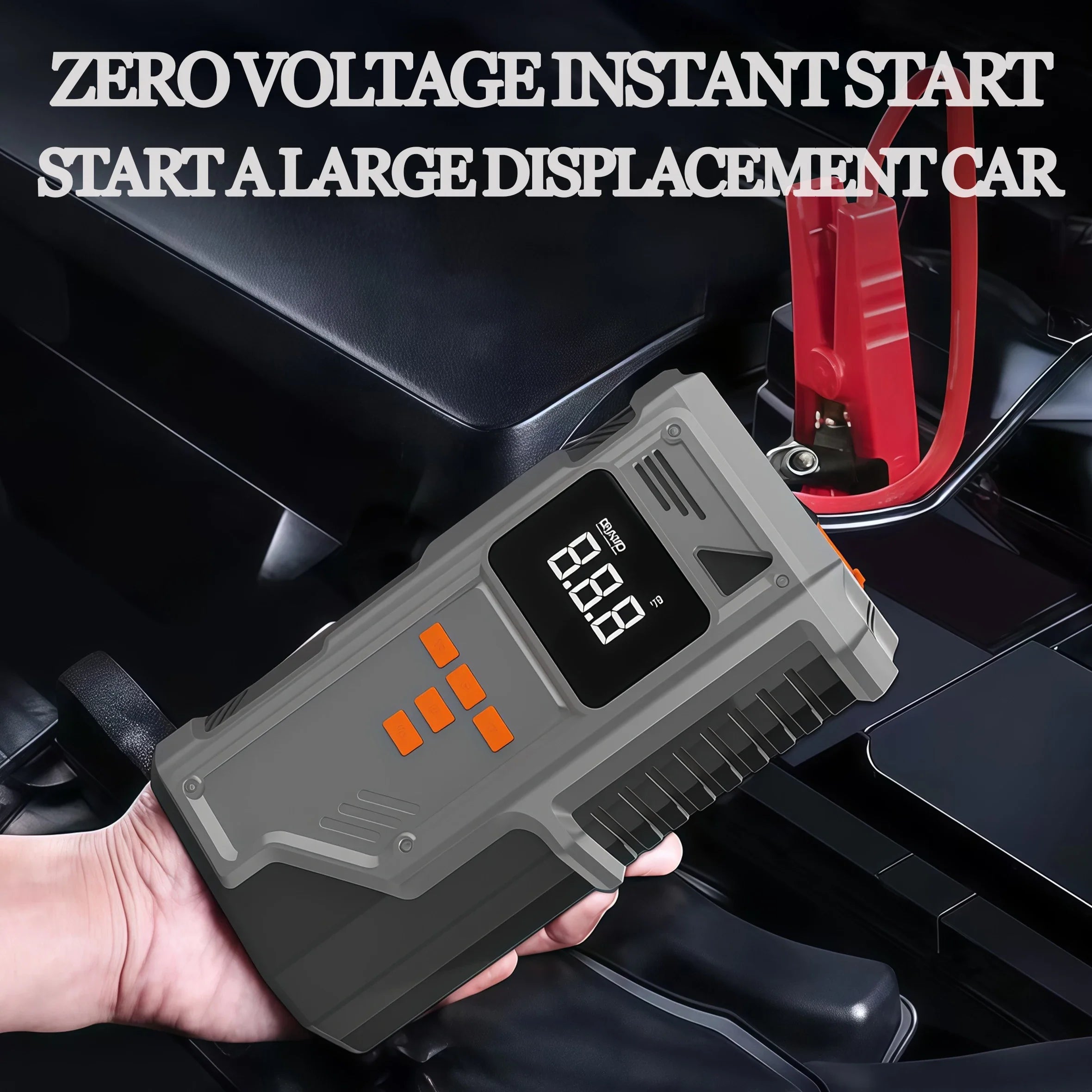 Hand holding the Heavy-Duty Car Jump Starter inside a vehicle demonstrating zero voltage instant start for large displacement cars