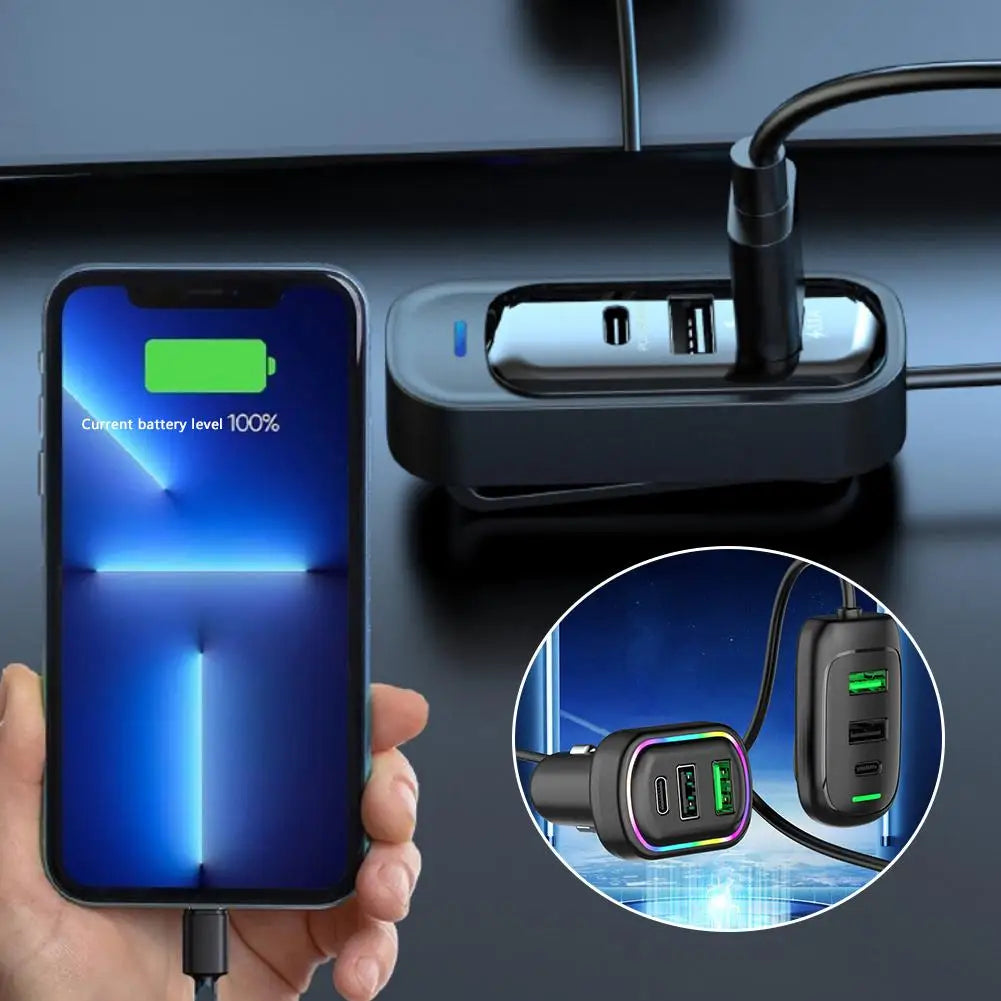 Dual-zone RGB car charger charging a smartphone to 100 percent battery with an RGB light ring