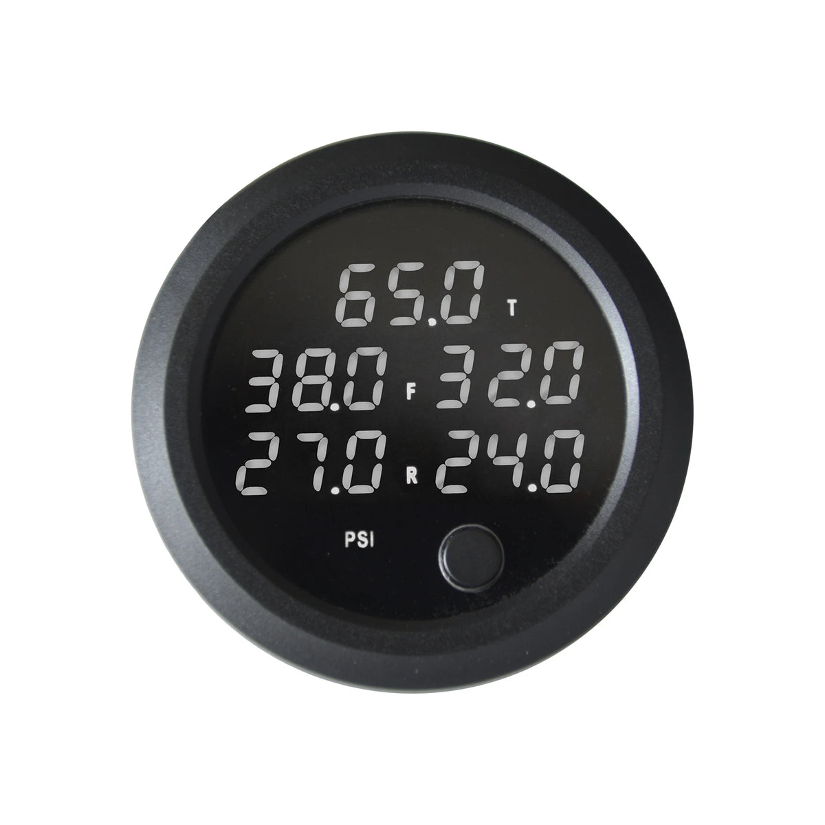 5-Channel Air Suspension Gauge close-up of white digital display showing tank, front and rear left and right air pressures in PSI
