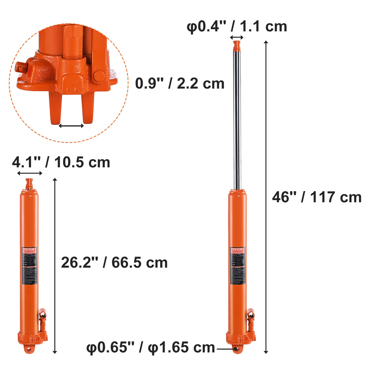 Hydraulic Long Ram Jack dimension diagram showing 66.5 cm retracted length and 117 cm extended length