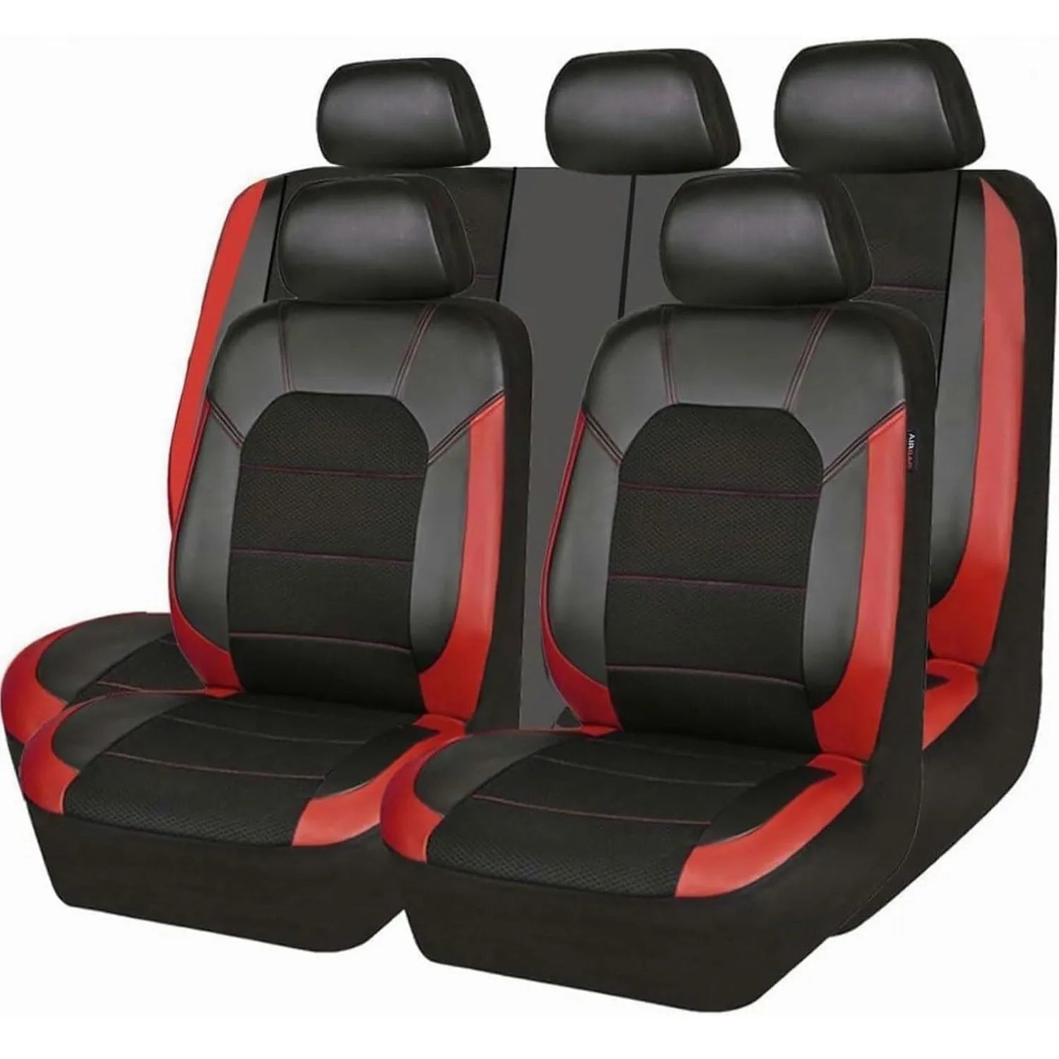 Red and black 9-piece full car seat cover set on white background