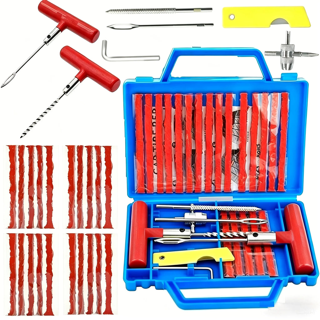 Tubeless tyre repair kit in a blue carry case with T-handle reamer and insertion tools, repair plugs and valve tools