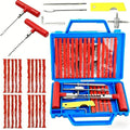 Tubeless tyre repair kit in a blue carry case with T-handle reamer and insertion tools, repair plugs and valve tools