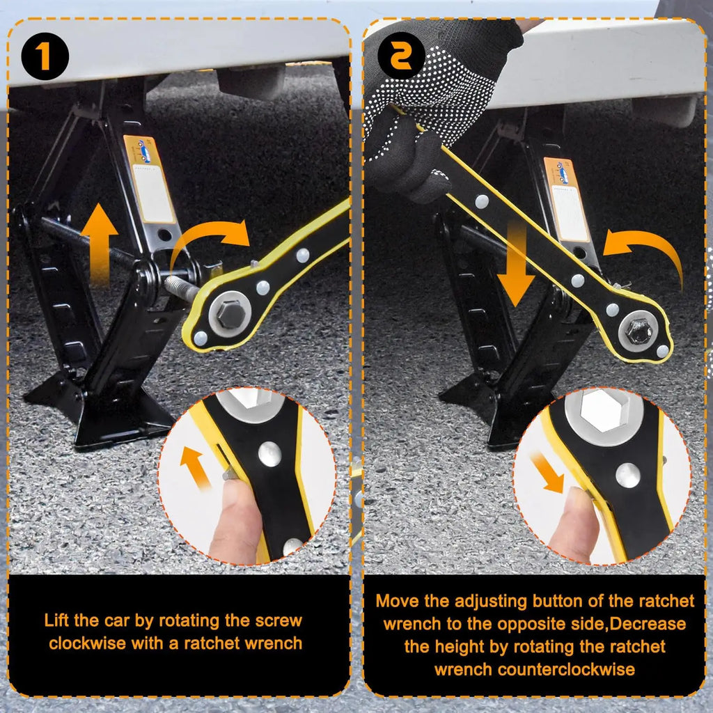 Step by step diagram showing how to lift and lower a car using the Scissor Jack Emergency Kit ratchet wrench
