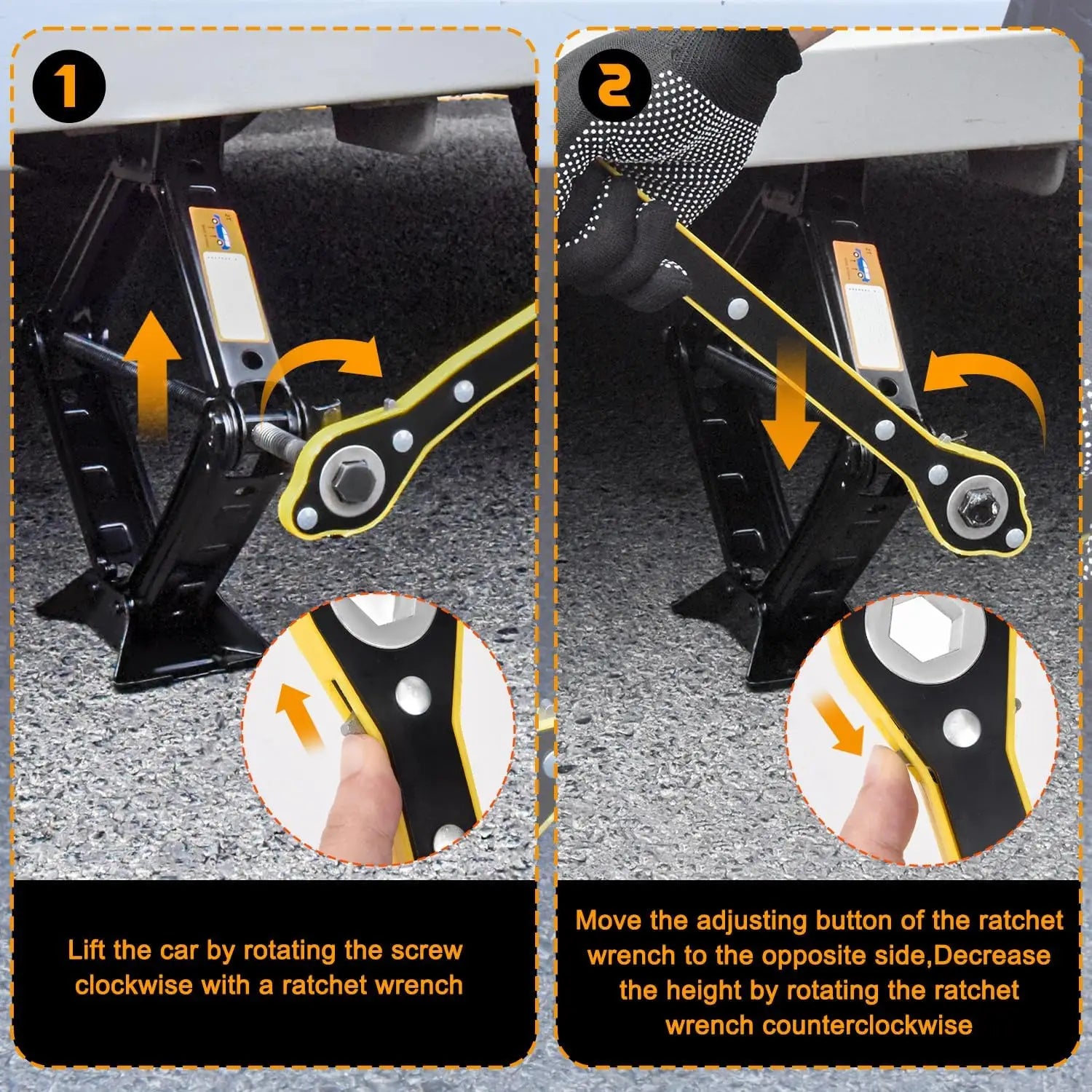 Step by step diagram showing how to lift and lower a car using the Scissor Jack Emergency Kit ratchet wrench