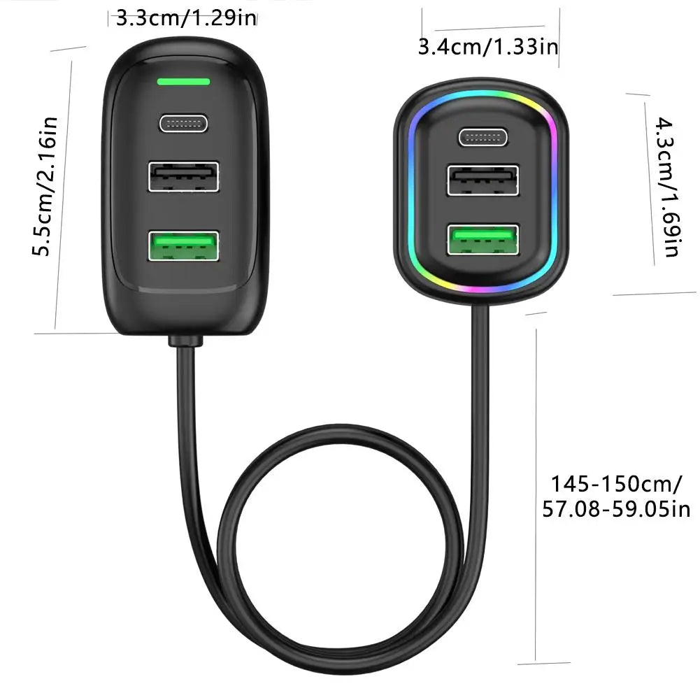 Dual-zone RGB car charger dimensions diagram showing port sizes and 150cm cable length