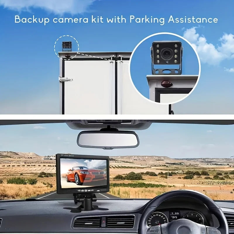 Heavy-Duty Reversing Camera Kit camera mounted on truck box body with 7 inch monitor on car dashboard