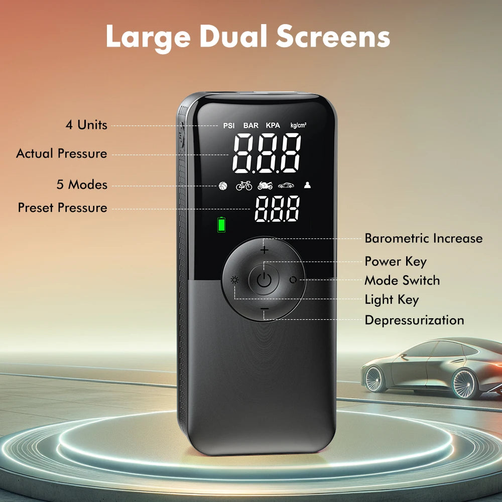 Cordless Tyre Inflator Large Dual Digital Screens Showing Pressure Units and Modes