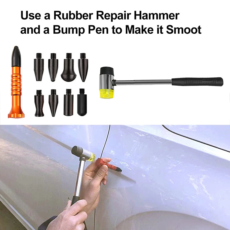 Hand using a rubber repair hammer and bump pen from the Paintless Dent Repair Kit to smooth a dent on a car panel