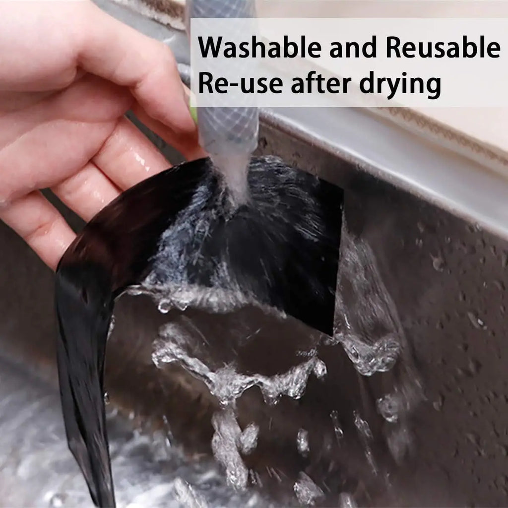 Wet black carbon fibre wrap tape being peeled by hand under running water, captioned Washable and Reusable Re-use After Drying.