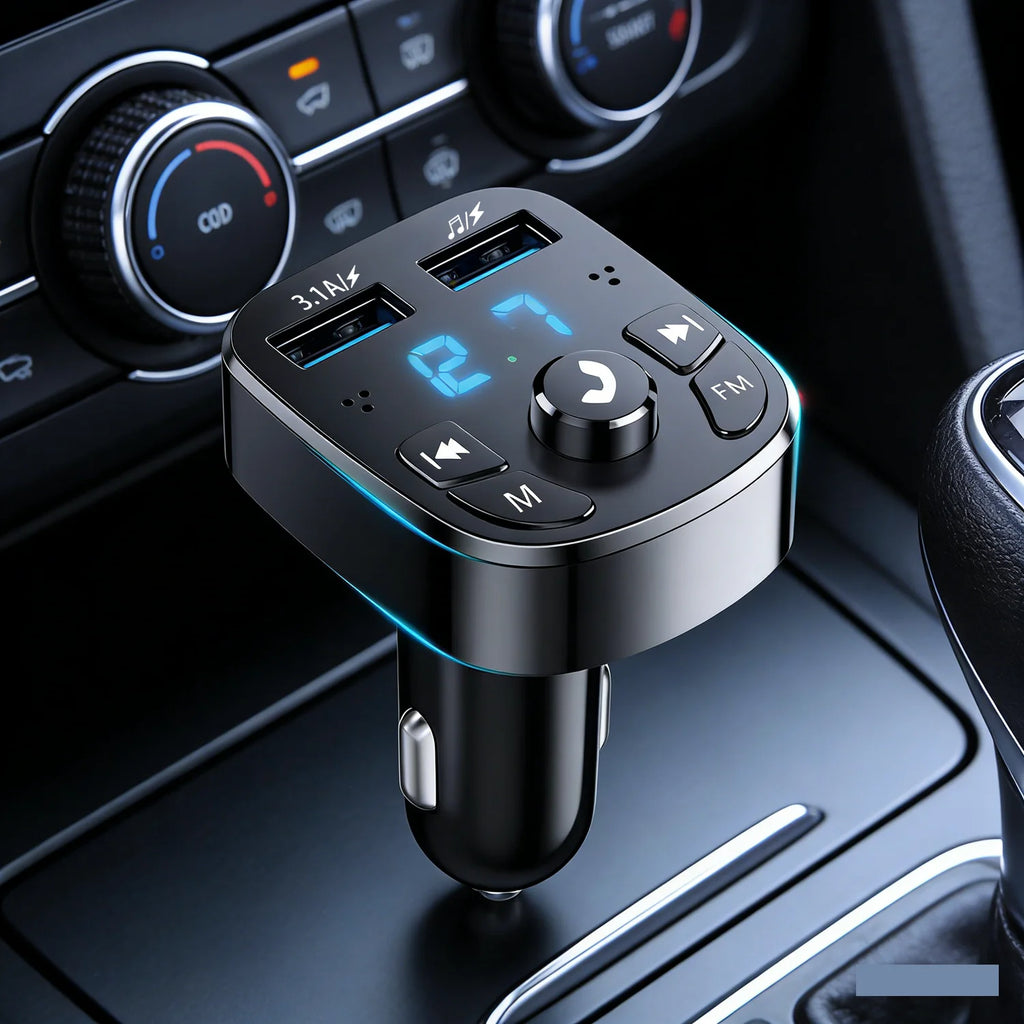 Voltmeter Bluetooth FM Transmitter plugged into a car 12V socket in the centre console, display lit blue