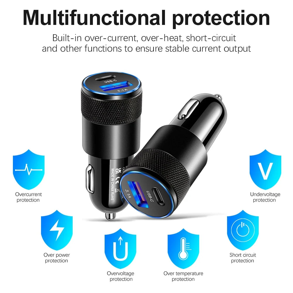 Alloy USB Car Charger listing image showing a 4-port charger with digital voltage display and dimensions
