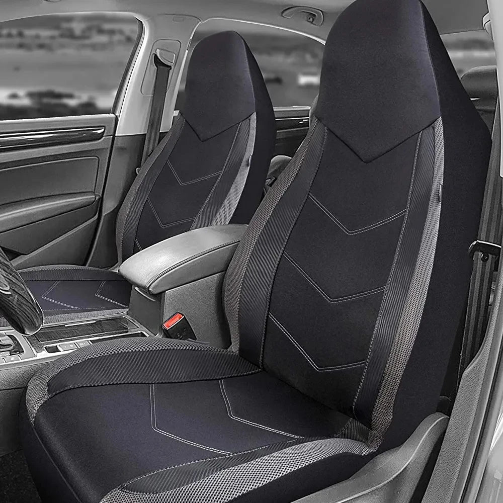 Sport Mesh Car Seat Covers fitted in a vehicle front seat, black and white tone interior view