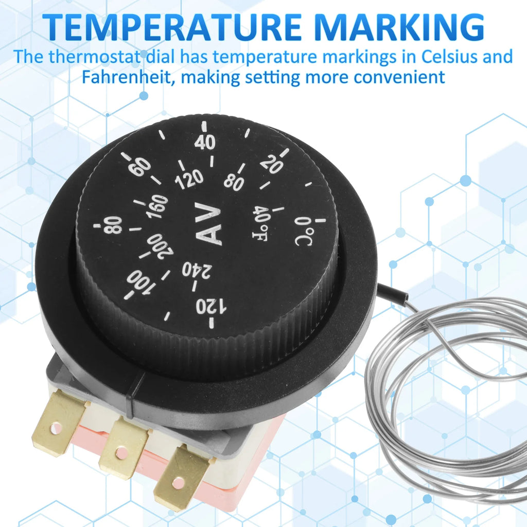 Adjustable Radiator Fan Controller thermostat dial with Celsius and Fahrenheit temperature markings and capillary sensor
