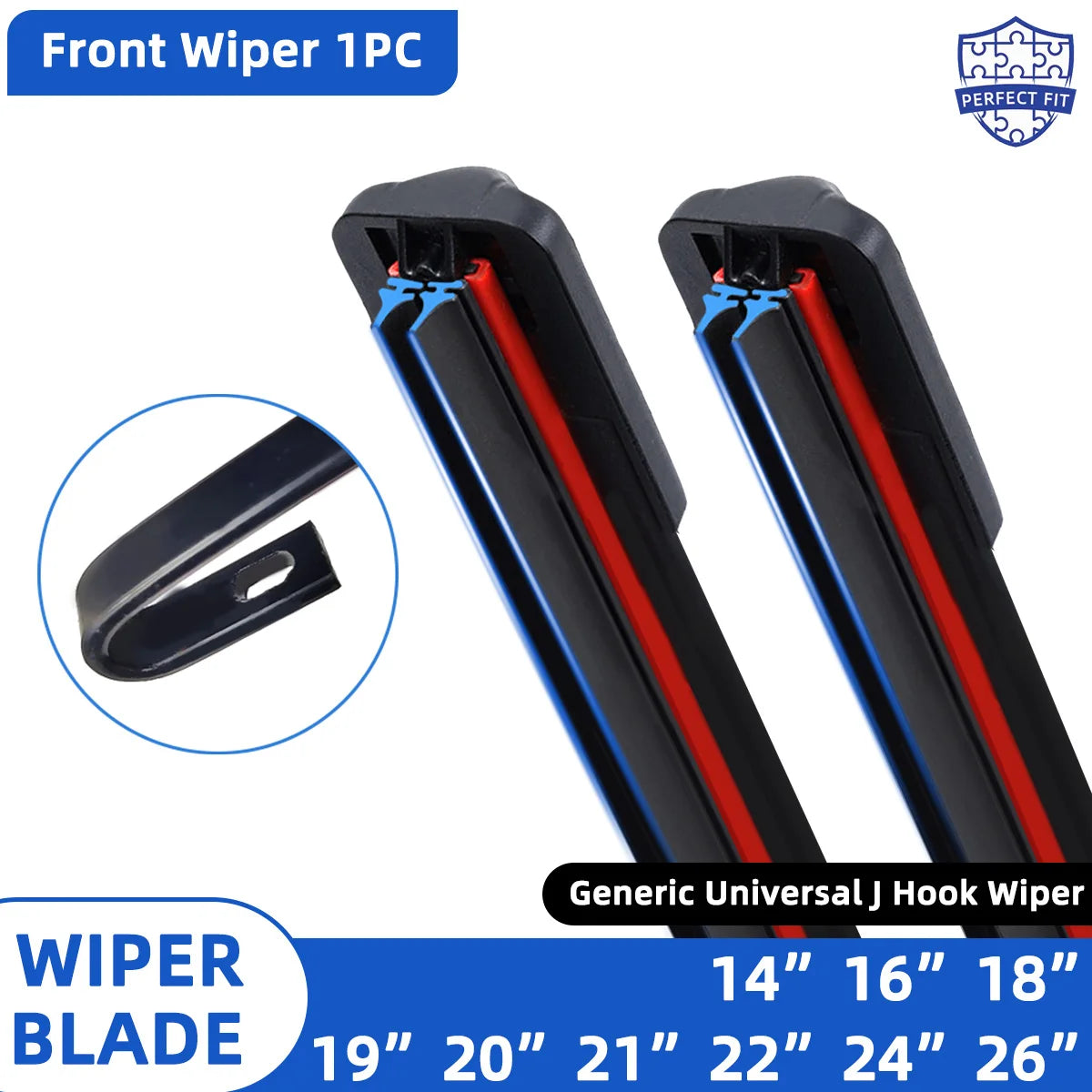 Universal Beam Windscreen Wiper Blade front wiper 1 piece with J-hook and U-hook adaptor available in 14 to 26 inch sizes