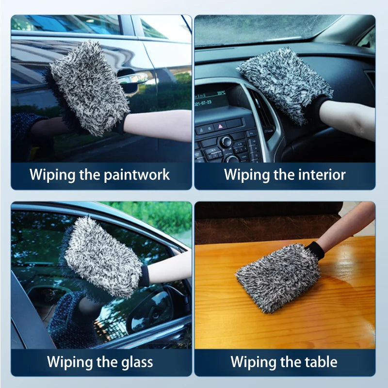 Collage showing the dual-zone car wash kit wiping a car's paintwork, interior, glass and an outdoor table