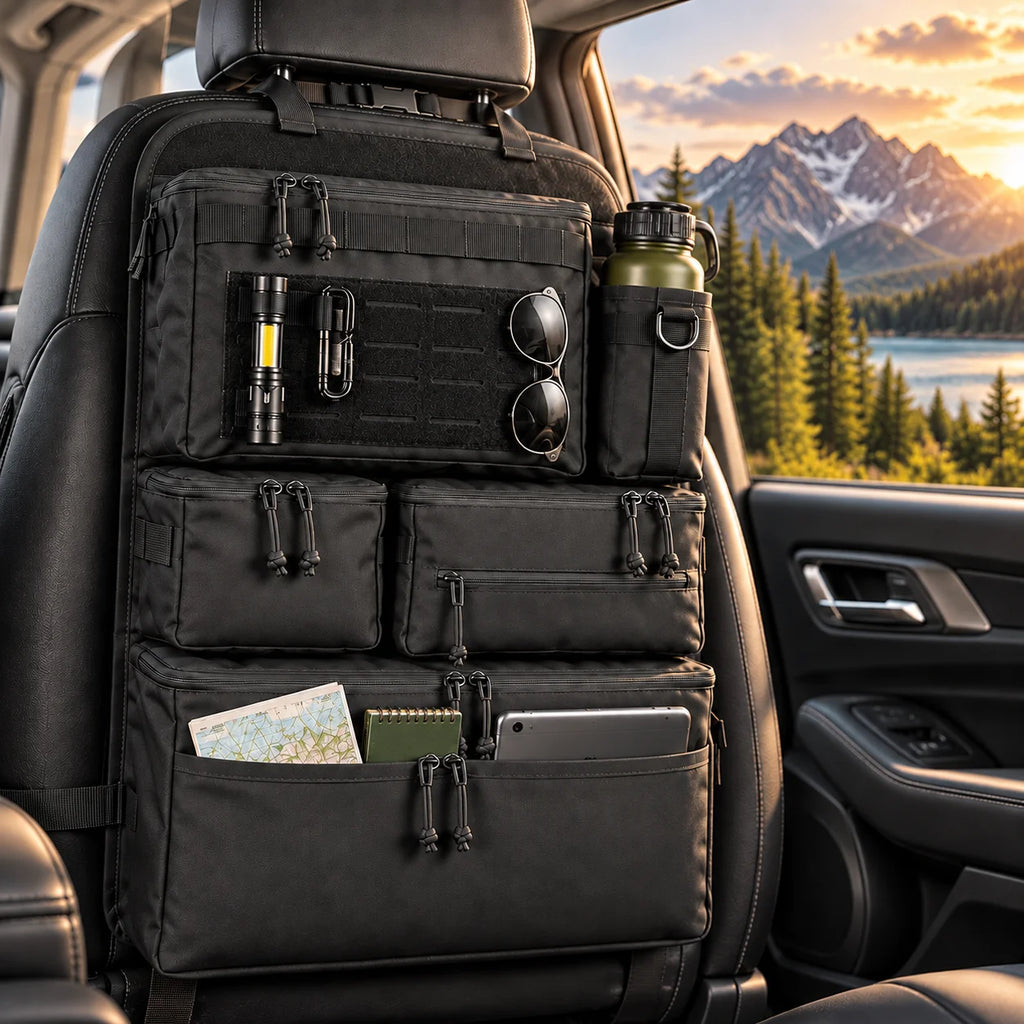 Black Tactical Seat Back Organiser fitted to a car seat holding a torch, sunglasses, drink bottle, map and tablet