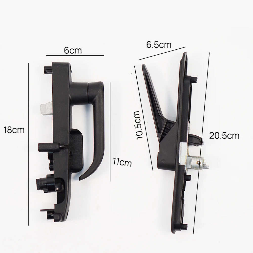 3-Point Caravan Door Lock handle in front and side profile views with width, height and depth measurements in centimetres.